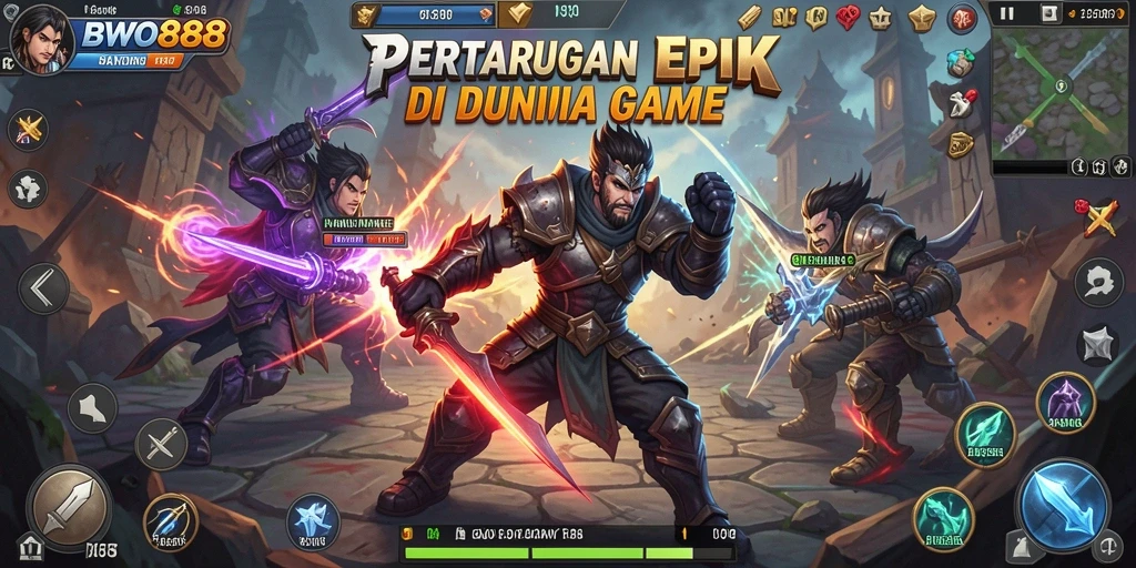 Tampilan gameplay BWO888 dengan karakter bertarung di arena.