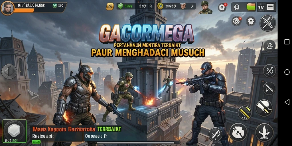 Screenshot gameplay GACORMEGA menampilkan serangan menara melawan gelombang musuh.