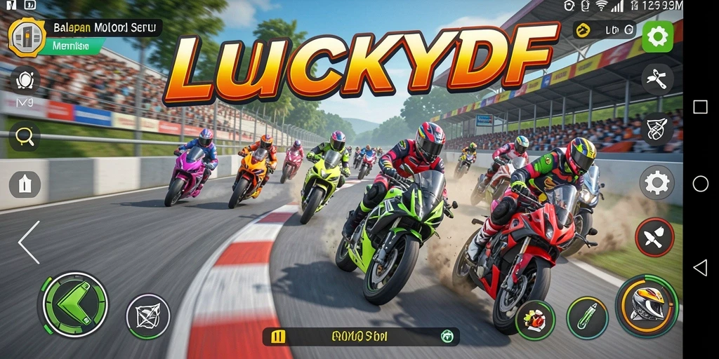 Tampilan gameplay LUCKYDF yang memukau dan penuh aksi balapan motor.