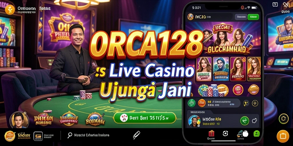 Screenshot gameplay ORCA128 yang menampilkan dealer langsung dan suasana kasino.